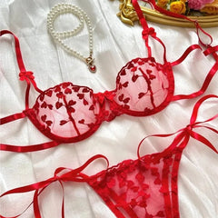 2Piece Exotic Lingerie Underwire Bra Strap Panties Sheer Mesh Embroidery Underwear