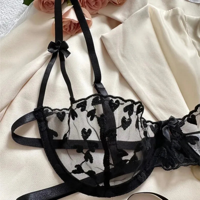 2Piece Exotic Lingerie Underwire Bra Strap Panties Sheer Mesh Embroidery Underwear