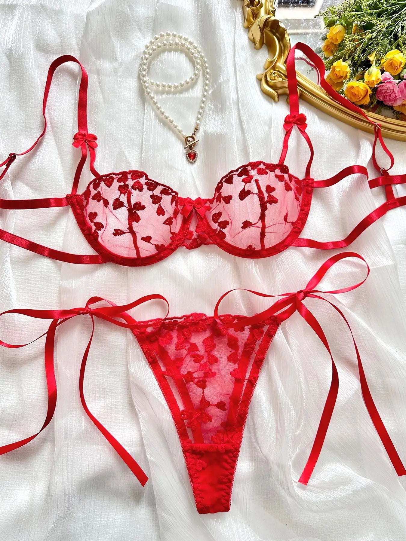 2Piece Exotic Lingerie Underwire Bra Strap Panties Sheer Mesh Embroidery Underwear