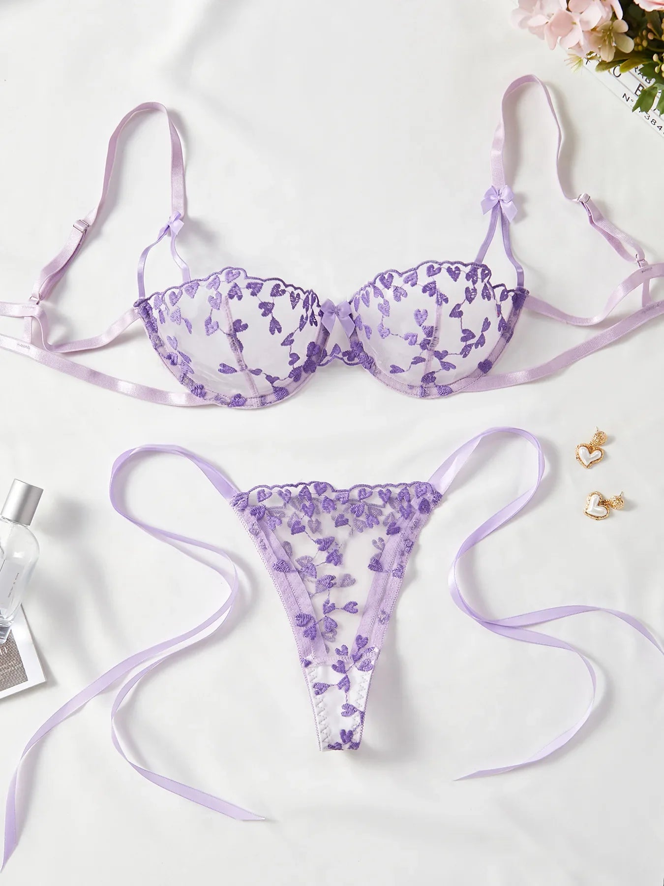 2Piece Exotic Lingerie Underwire Bra Strap Panties Sheer Mesh Embroidery Underwear