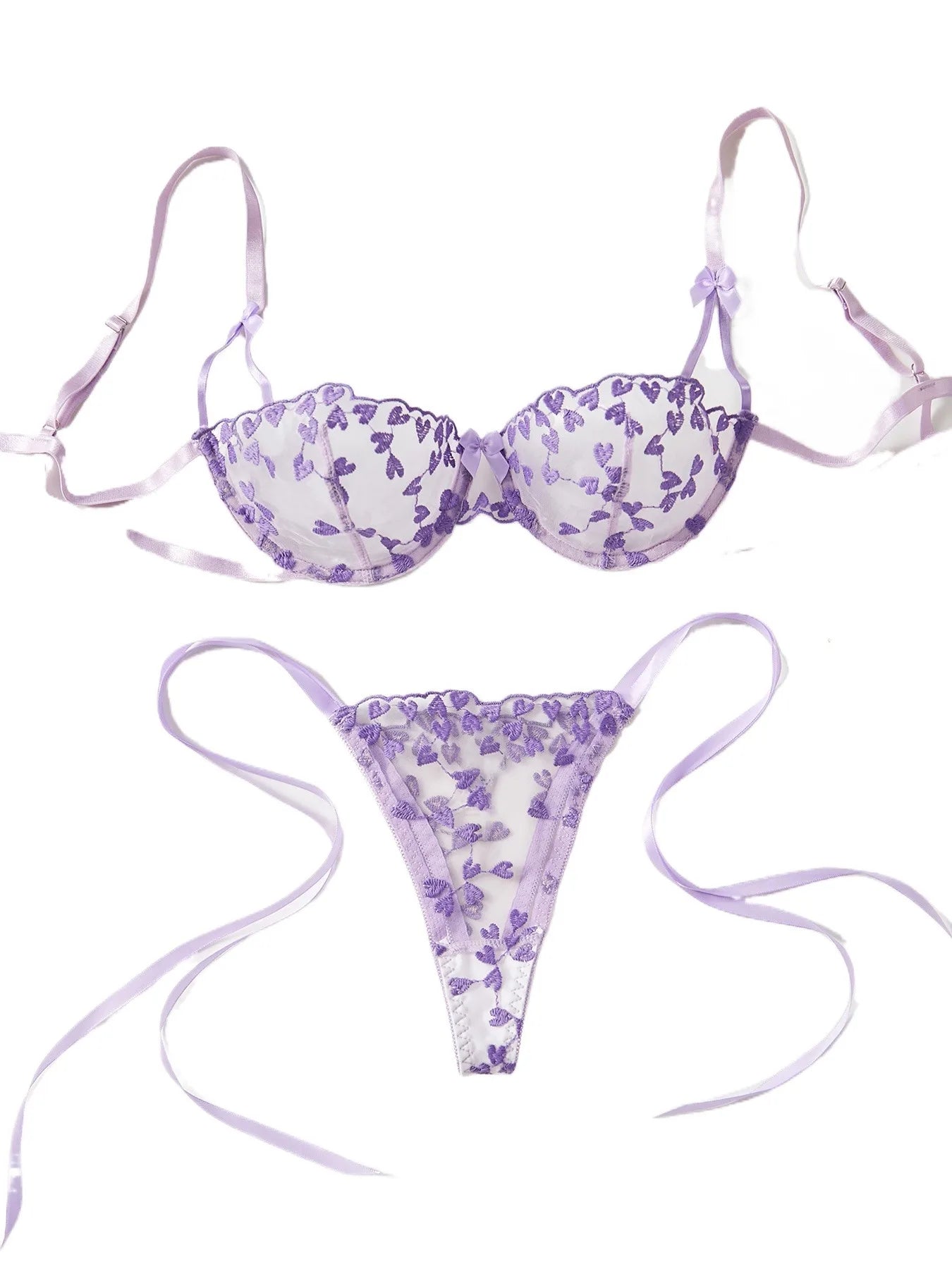 2Piece Exotic Lingerie Underwire Bra Strap Panties Sheer Mesh Embroidery Underwear
