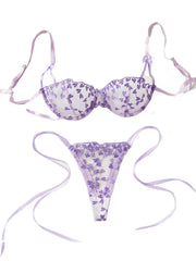 2Piece Exotic Lingerie Underwire Bra Strap Panties Sheer Mesh Embroidery Underwear