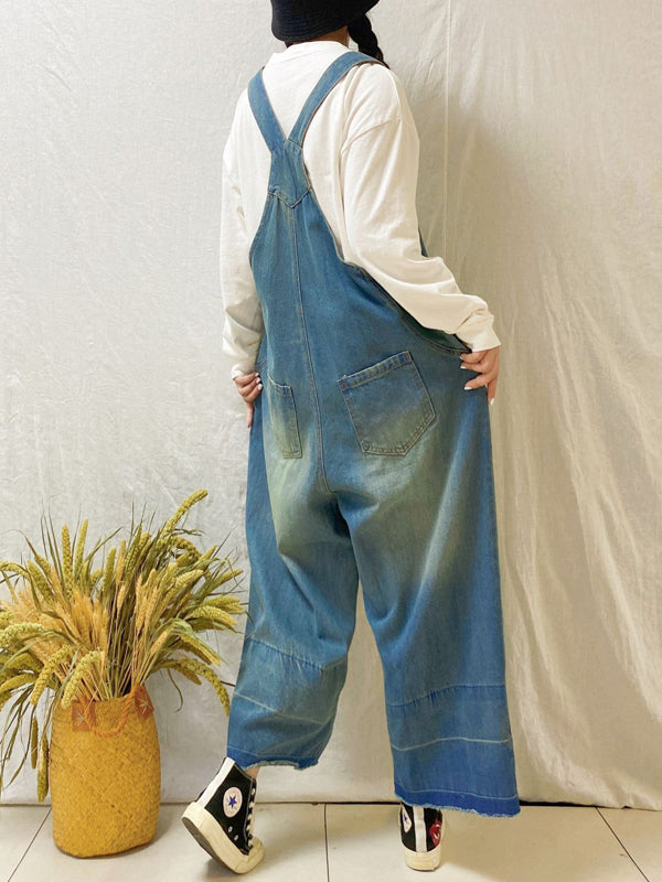 Vintage Denim Embroidered Wide Leg Jumpsuits