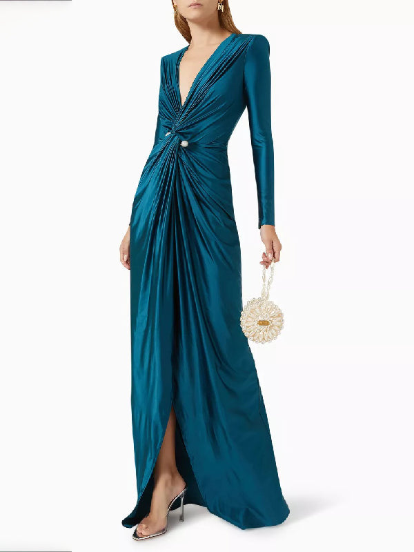 Solid Color Bodycon Long Sleeves Pleated  Split-Front Tied Waist Deep V-Neck Maxi Dresses