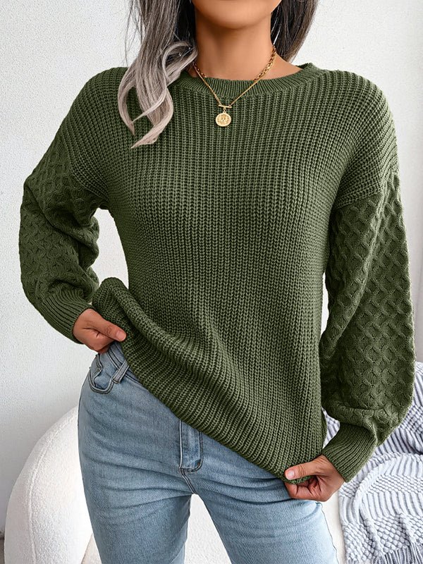 Cable Knit Solid Color Long Sleeves Loose Round-Neck Sweater Tops