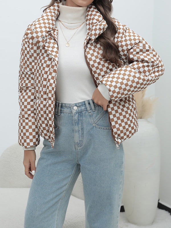 Keep Warm Plaid Quilted Zipper Long Sleeves Loose Stand Collar Padded Coat