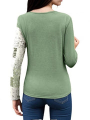 Asymmetric Buckle Contrast Color Pleated Split-Joint Irregularity Long Sleeves Round-Neck T-Shirts Tops