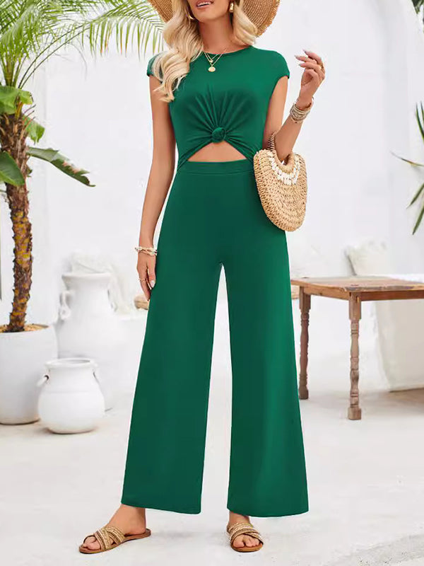 Backless Hollow Knot Solid Color Tied High Waisted Sleeveless Round-Neck Jumpsuits