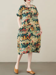 Printed Split-Joint Loose Short Sleeves Round-neck Midi Dresses
