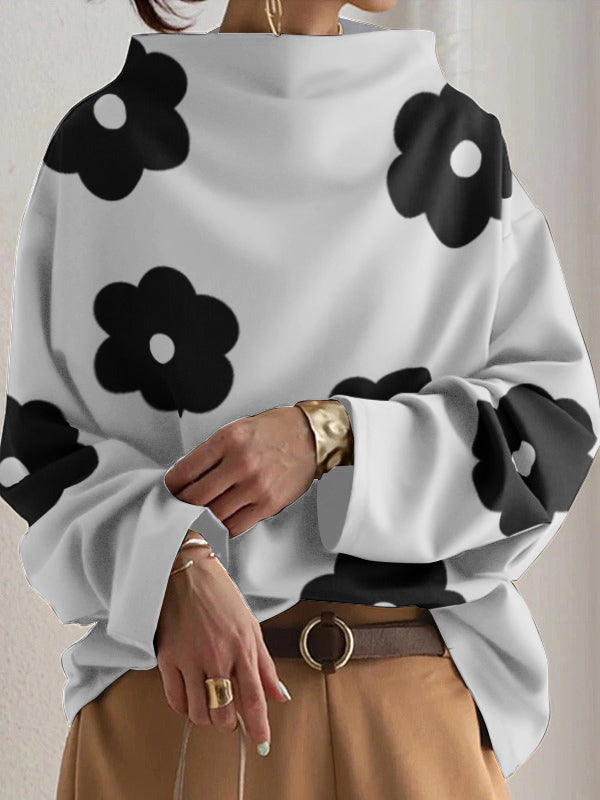 Long Sleeves Loose Contrast Color Printed Stand Collar T-Shirts