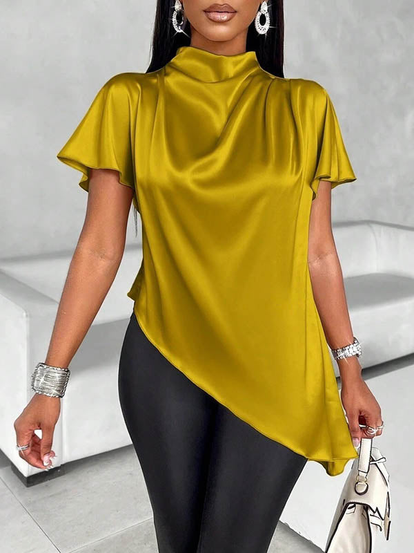 Asymmetric Solid Color Loose Short Sleeves Mock Neck Blouses&Shirts Tops