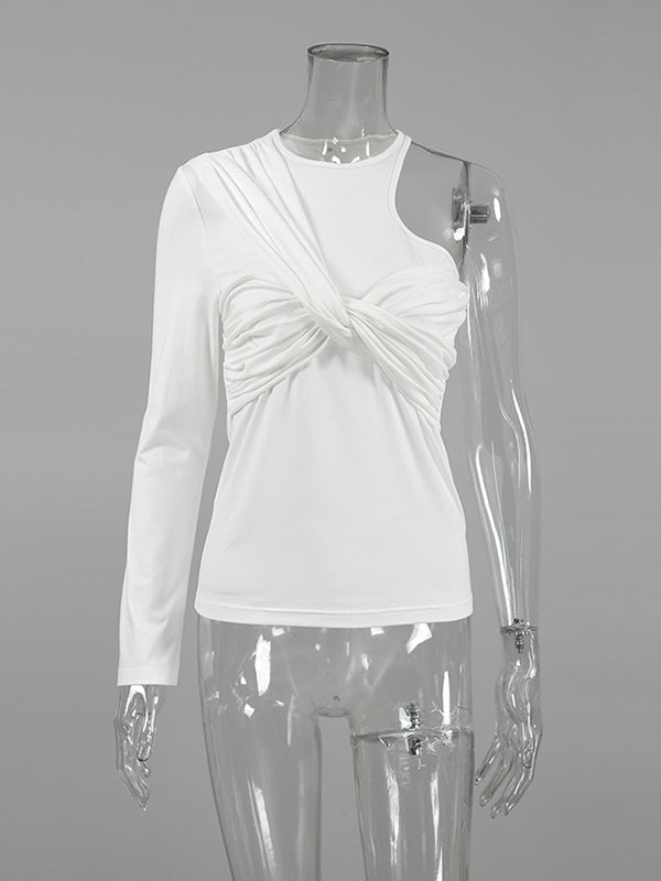 Asymmetric Knot Pleated Solid Color Long Sleeves Skinny Round-Neck T-Shirts Tops