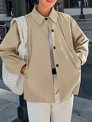 Buttoned Pockets Long Sleeves Loose Lapel Trench Coats Outerwear