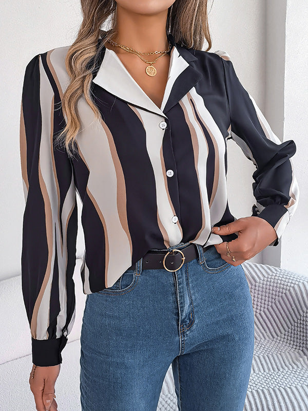 Buttoned Contrast Color Printed Long Sleeves Loose Notched Collar Blouses&Shirts Tops