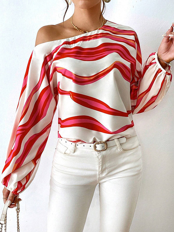 Asymmetric Striped Long Sleeves Loose One-Shoulder Blouses&Shirts Tops