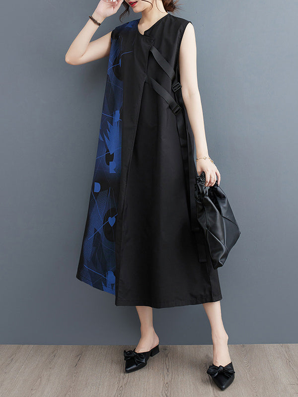 Printed Loose Sleeveless Round-neck Midi Dresses