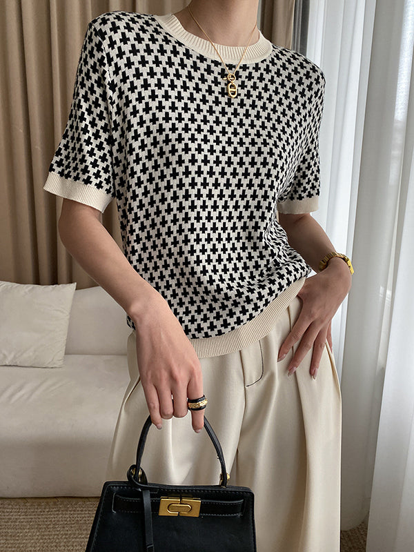 Houndstooth Half Sleeves Round-Neck Sweater Tops