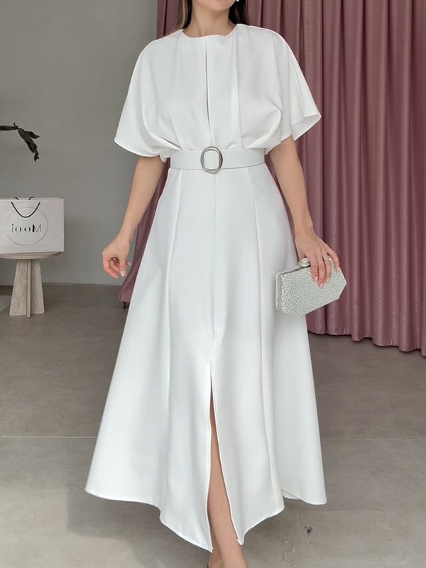 Loose Raglan Sleeve Pleated Split-Front Split-Joint Tied Waist Round-Neck Maxi Dresses