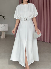 Loose Raglan Sleeve Pleated Split-Front Split-Joint Tied Waist Round-Neck Maxi Dresses