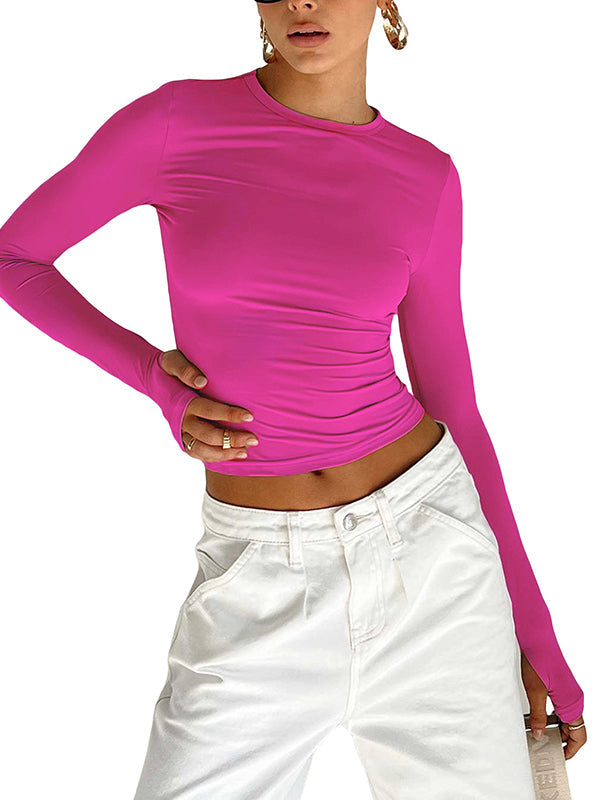 Hollow Solid Color Long Sleeves Skinny Round-Neck T-Shirts Tops