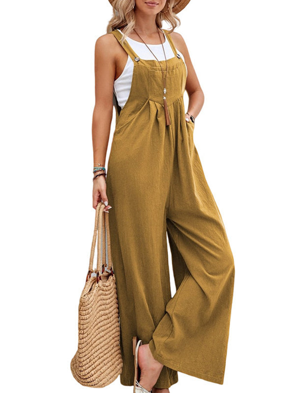 Pleated Split-Joint Loose Plus Size Spaghetti-Neck Overalls