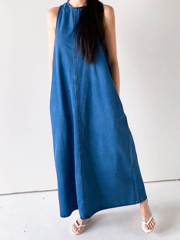 Pockets Solid Color Tied A-Line Loose Round-Neck Maxi Dresses