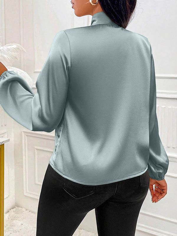 Bow-Embellished Pleated Solid Color Split-Joint Long Sleeves Loose Scarf Collar Blouses&Shirts Tops
