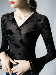 Asymmetric Buttoned Flower Print Mesh See-Through Flared Sleeves Long Sleeves V-neck Blouses&shirts Tops