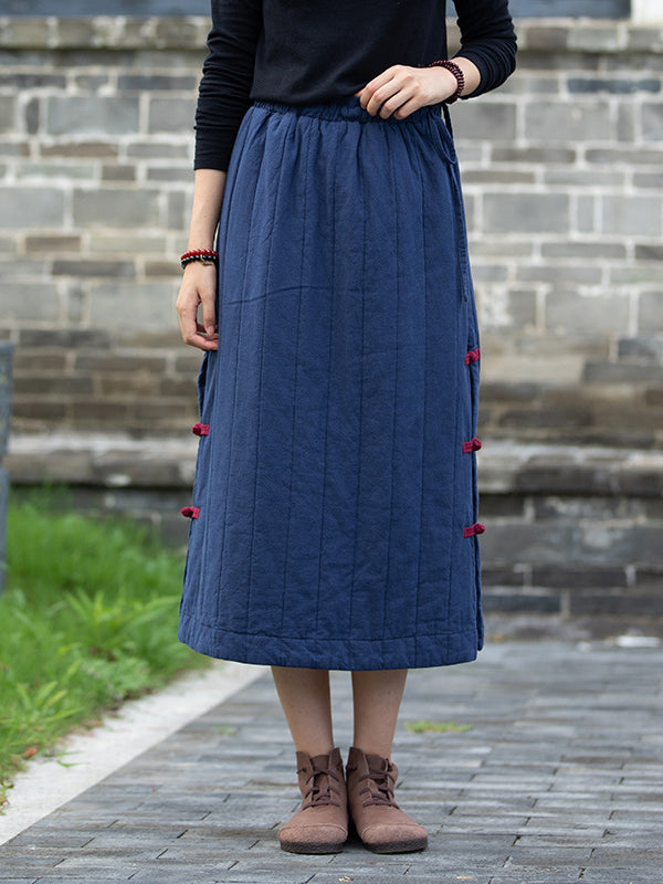 Elasticity Quilted Split-Joint Split-Side Tied Waist Velvet A-Line Skirts Bottoms
