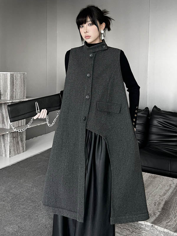 Asymmetric Buttoned Solid Color Split-Joint High-Low Irregularity Stand Collar Padded Vest Outerwear