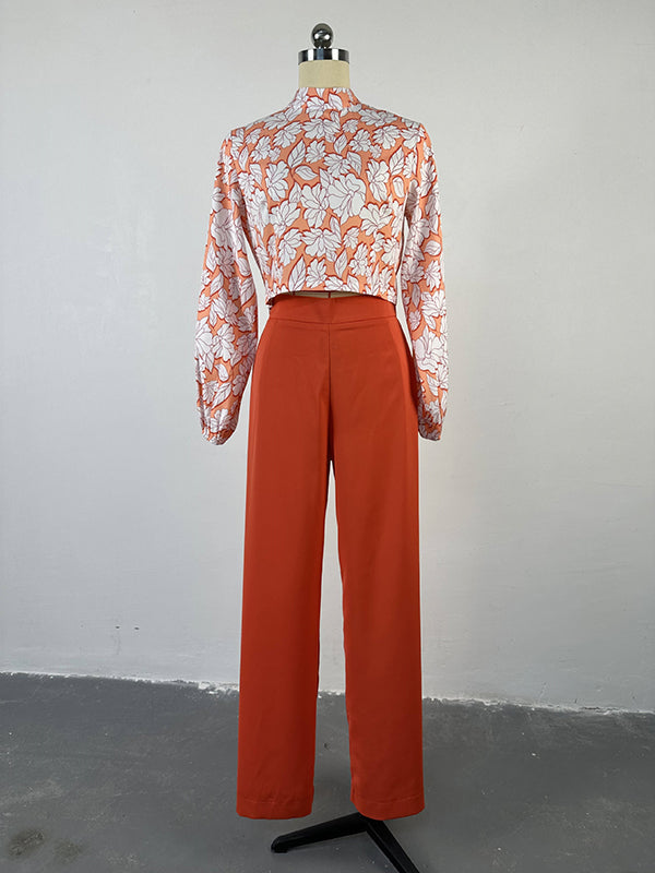 Long Sleeves Mock Neck Flower Print Hollow Shirts Top + High Waisted Pants Bottom Two Pieces Set