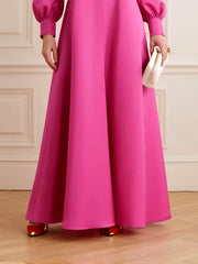 Solid Color Split-Joint Puff Sleeves Round-Neck Shirt Dress Maxi Dresses