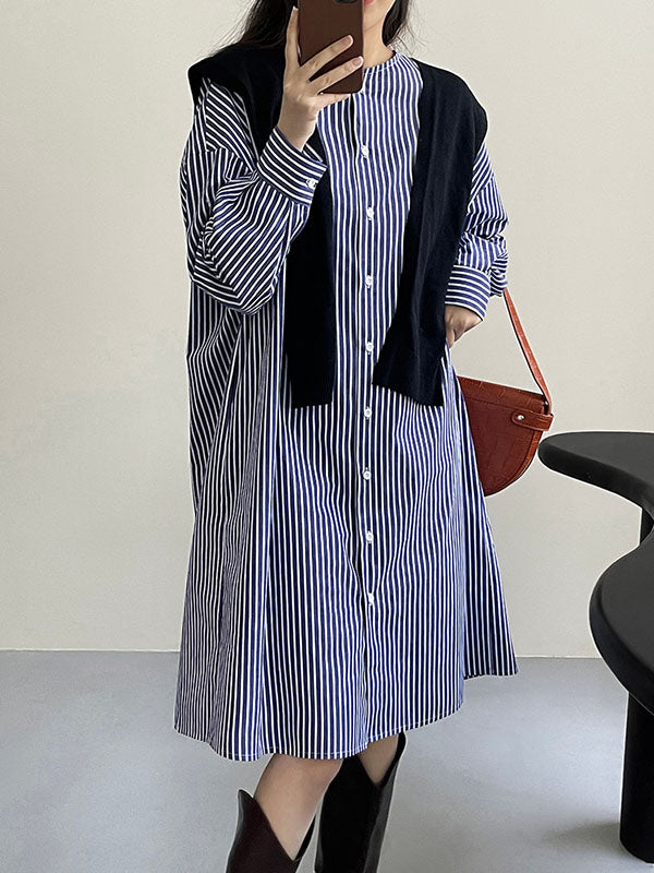 Striped Long Sleeves Loose Round-Neck Shirt Dress Midi Dresses