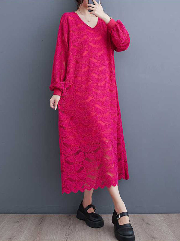 Jacquard Bishop Sleeve Long Sleeves V-Neck Midi Dresses
