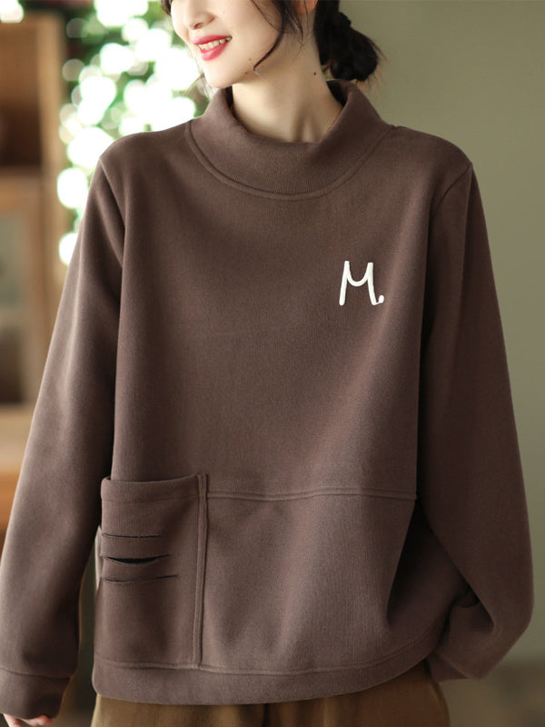 Simple Loose Long Sleeves Velvet Solid Color High-Neck Sweatshirt Tops
