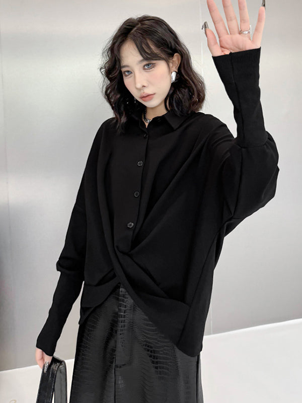 Buttoned Solid Color Twist Hipster Irregularity Lapel Collar Blouses&Shirts Tops
