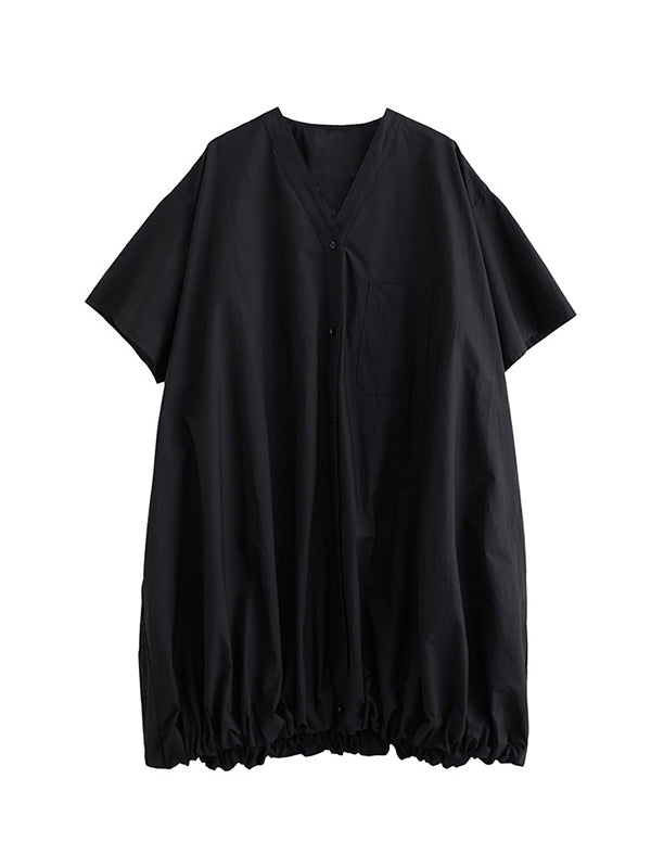 Elasticity Solid Color Half Sleeves Loose V-Neck Mini Dresses