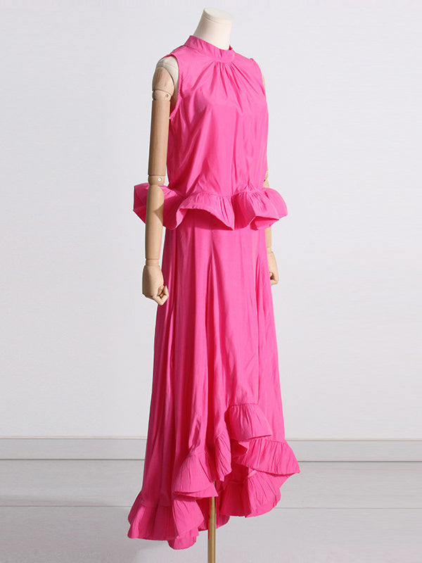 Pleated Ruffled Solid Color High Waisted High-Low Mock Neck Two Pieces Set
