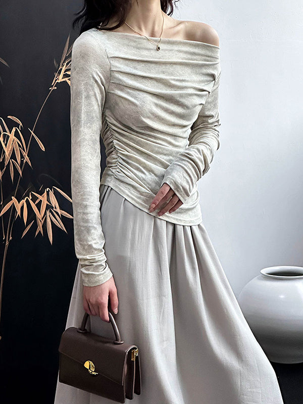 Pleated Split-Joint Long Sleeves Skinny Boat Neck T-Shirts