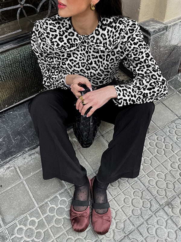 Leopard Printed Split-Joint Loose Puff Sleeves Peter Pan Collar Blouses&Shirts Tops