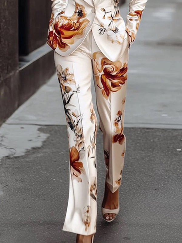 High Waisted Flower Print Pockets Pants Trousers