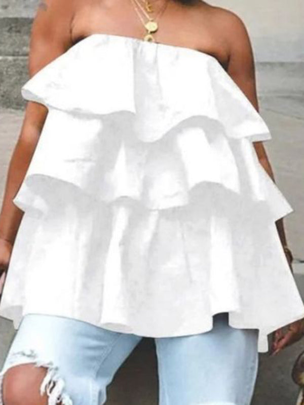 Elasticity Layered Ruffled Solid Color A-Line Loose Tube Vest Top