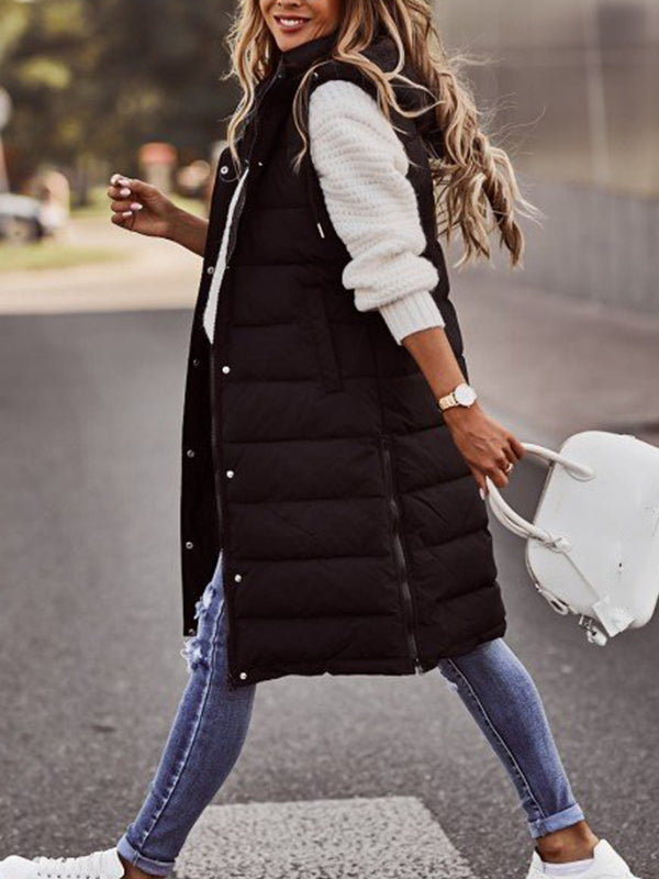 Buttoned Drawstring Keep Warm Solid Color Split-Joint Zipper Hooded Sleeveless Vest Outerwear Padded Coat