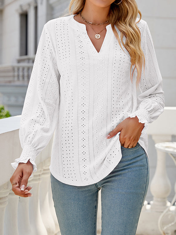 Elasticity Hollow Solid Color Long Sleeves Loose V-neck T-Shirts Tops