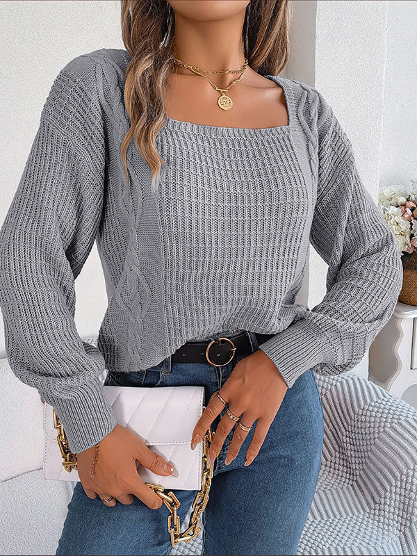 Solid Color Long Sleeves Loose Square-Neck Sweater Tops Pullovers