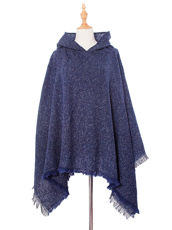 Fringed Hooded Keep Warm Solid Color Shawl&Cloak Cape