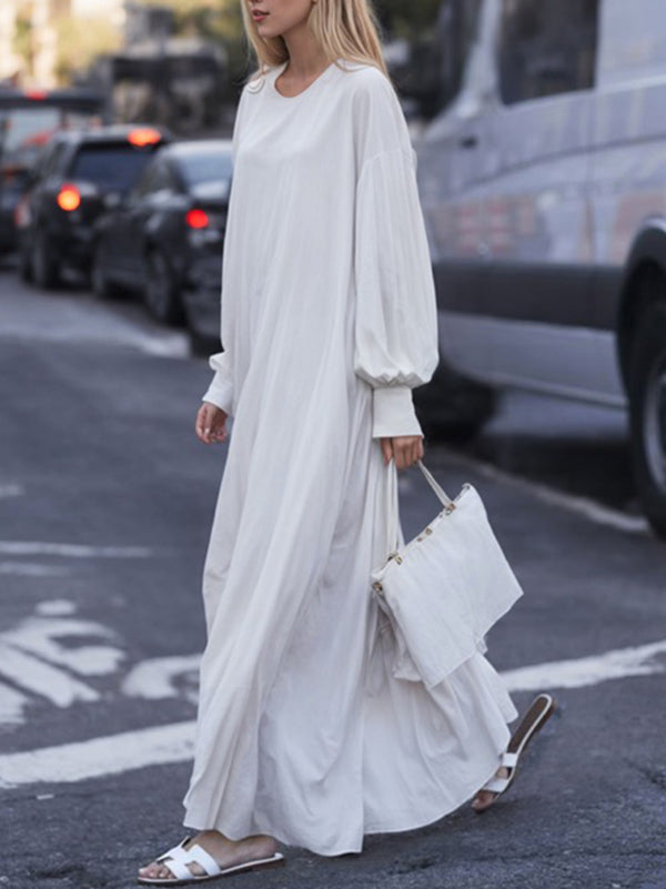 Solid Color Puff Sleeves Loose Round-Neck Maxi Dresses