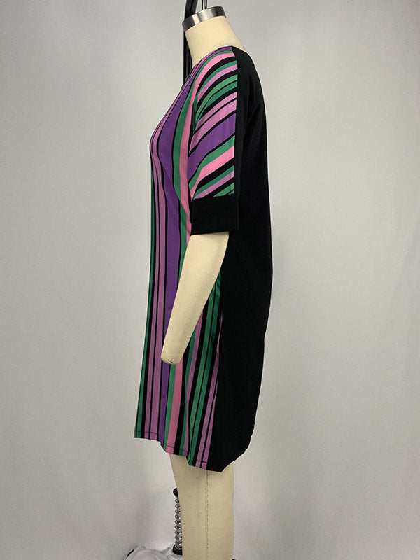 Asymmetric Contrast Color Striped A-line Half Sleeves Round-neck Mini Dresses