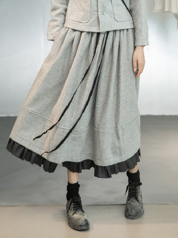 Urban Long Sleeves Buttoned Round-Neck Jacket Top+ Split-Joint Skirt Two Pieces Set
