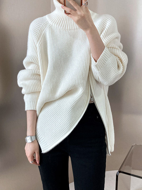 Urban Loose Long Sleeves Split-Side Solid Color Zipper Halter-Neck Sweater Tops